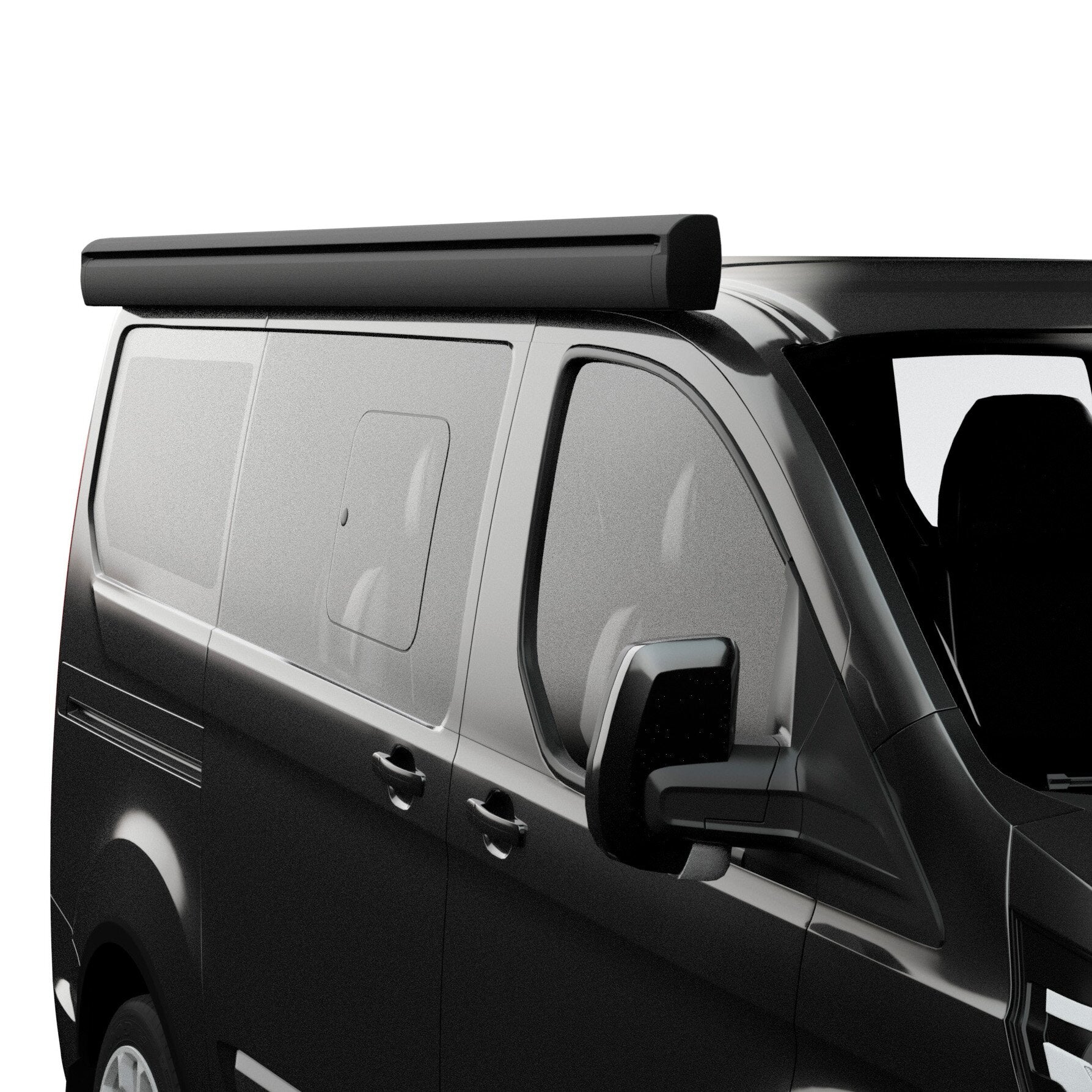 Seitenansicht eines dunklen Vans mit dachmontierter, geschlossener Markise F43van 270 cm, schwarzes Gehäuse