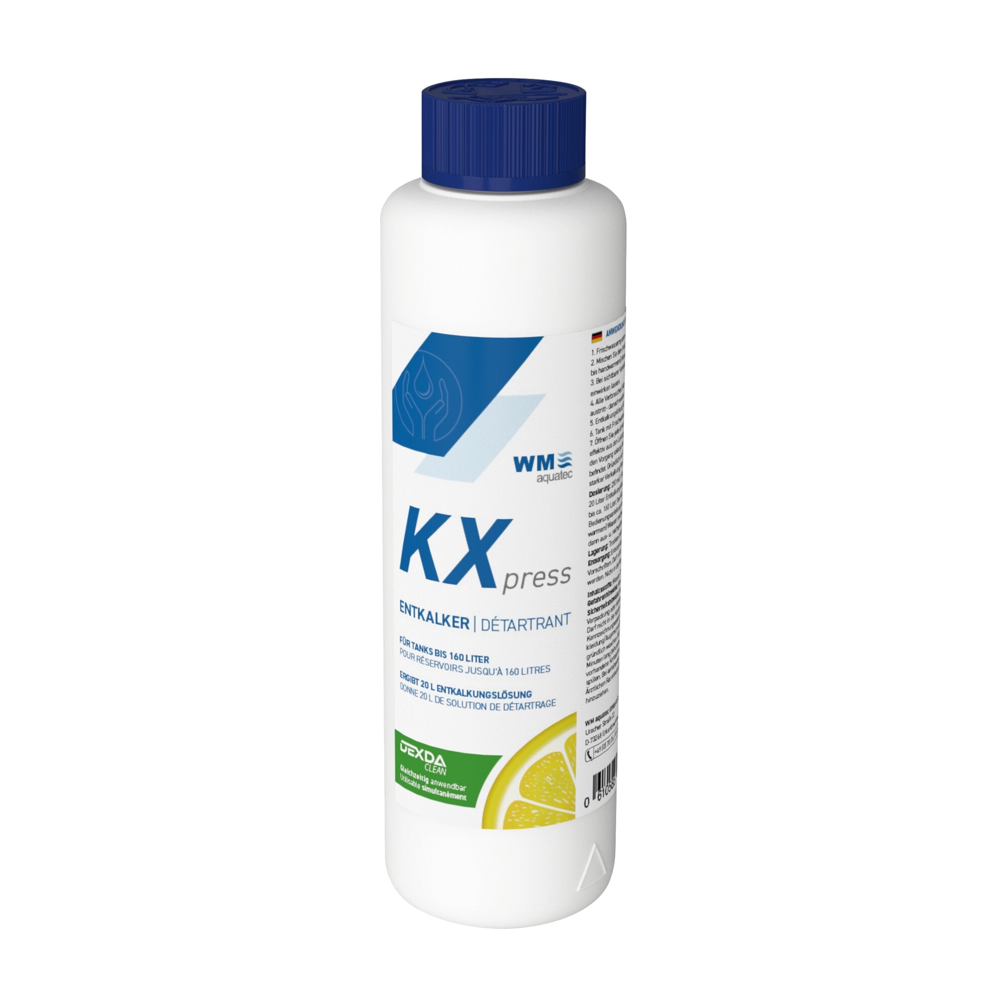Weiße Kunststoffflasche mit dunkelblauer Schraubkappe, Etikett zeigt den KXpress Schriftzug, Entkalker, Blautöne und ein Zitronenmotiv