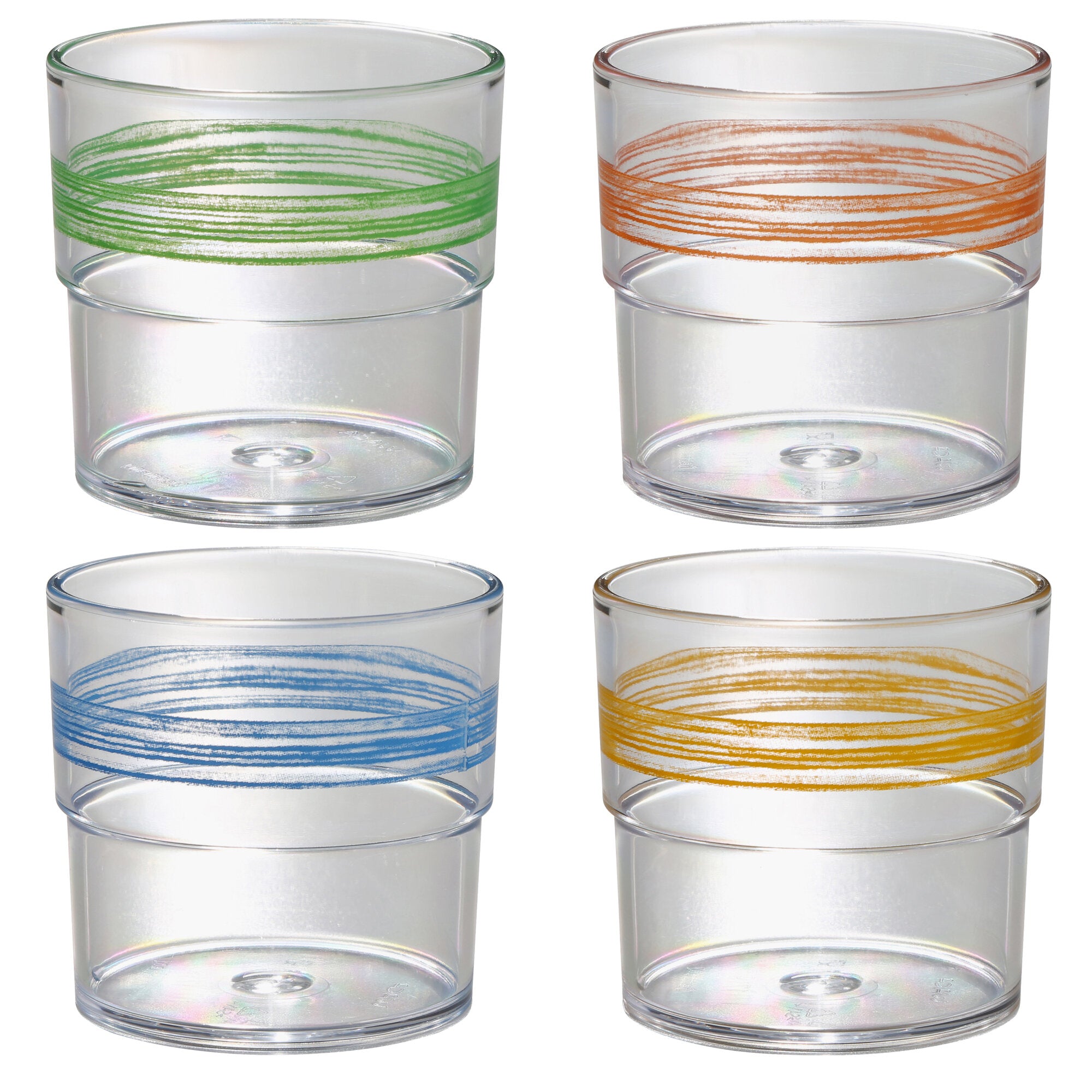 Mehrere klare Trinkgläser mit spiralförmigen Farbringen um die Glasmitte in Grün, Blau, Orange und Gelb