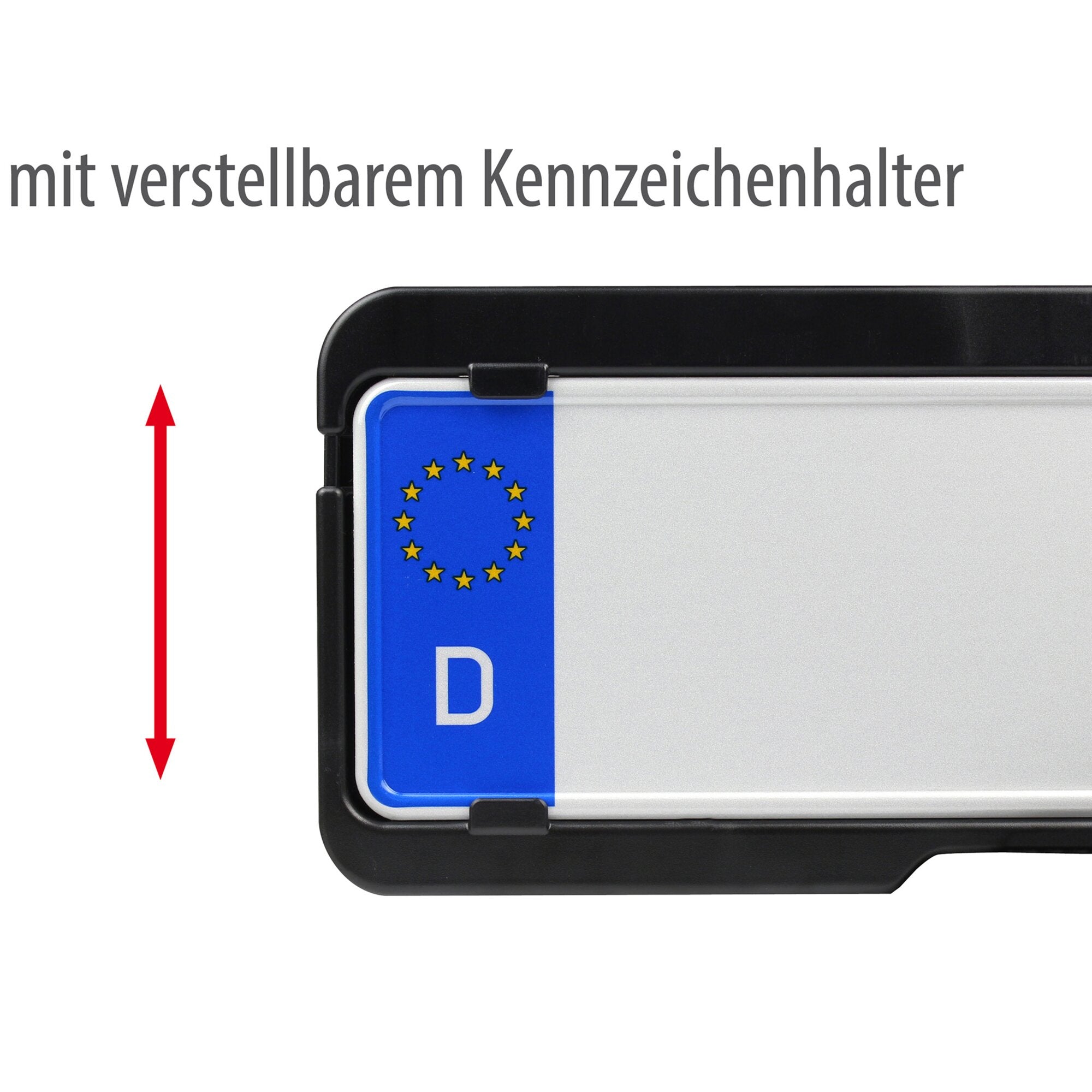 Schwarzer Fahrradträger-Teil am Heck mit verstellbarem Kennzeichenhalter, EU-Kennzeichen sichtbar links roter Pfeil am Rand