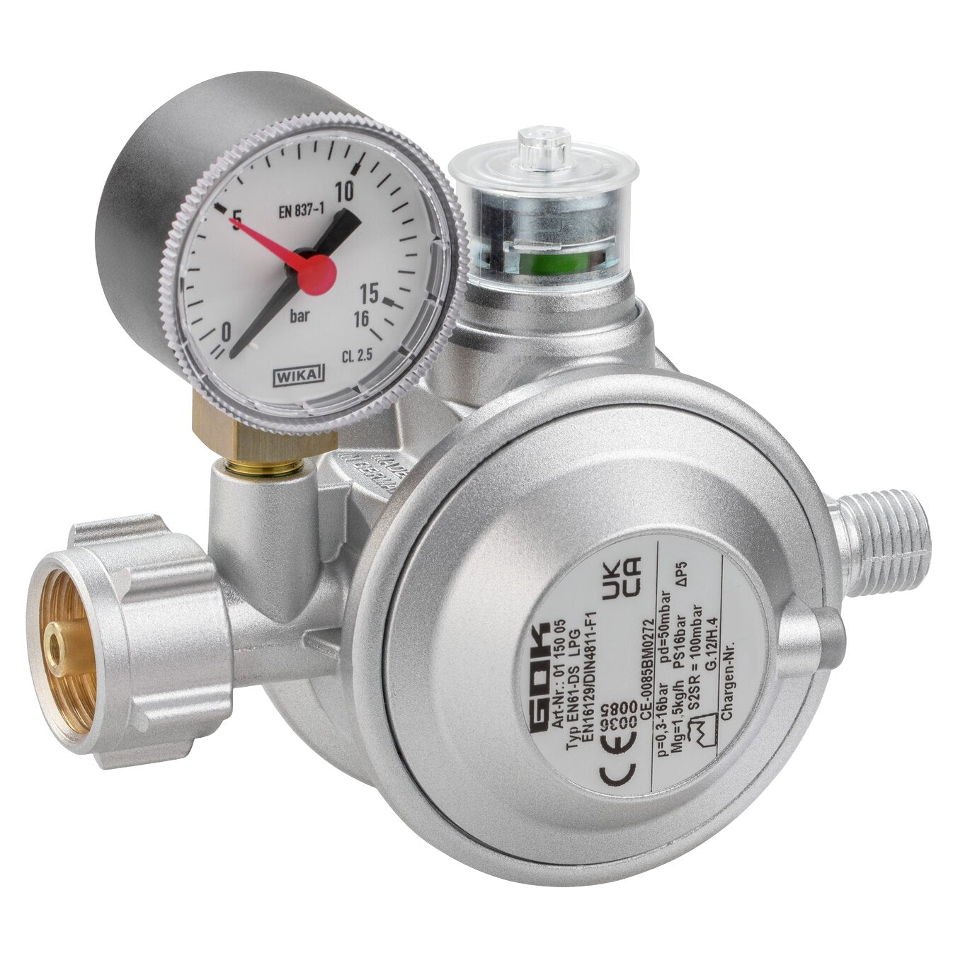 Gasregler mit Manometer, silberner Metallkörper, großes Rundmanometer links mit Bar-Skala, seitliche Gewindeanschlüsse, kompakte Bauform