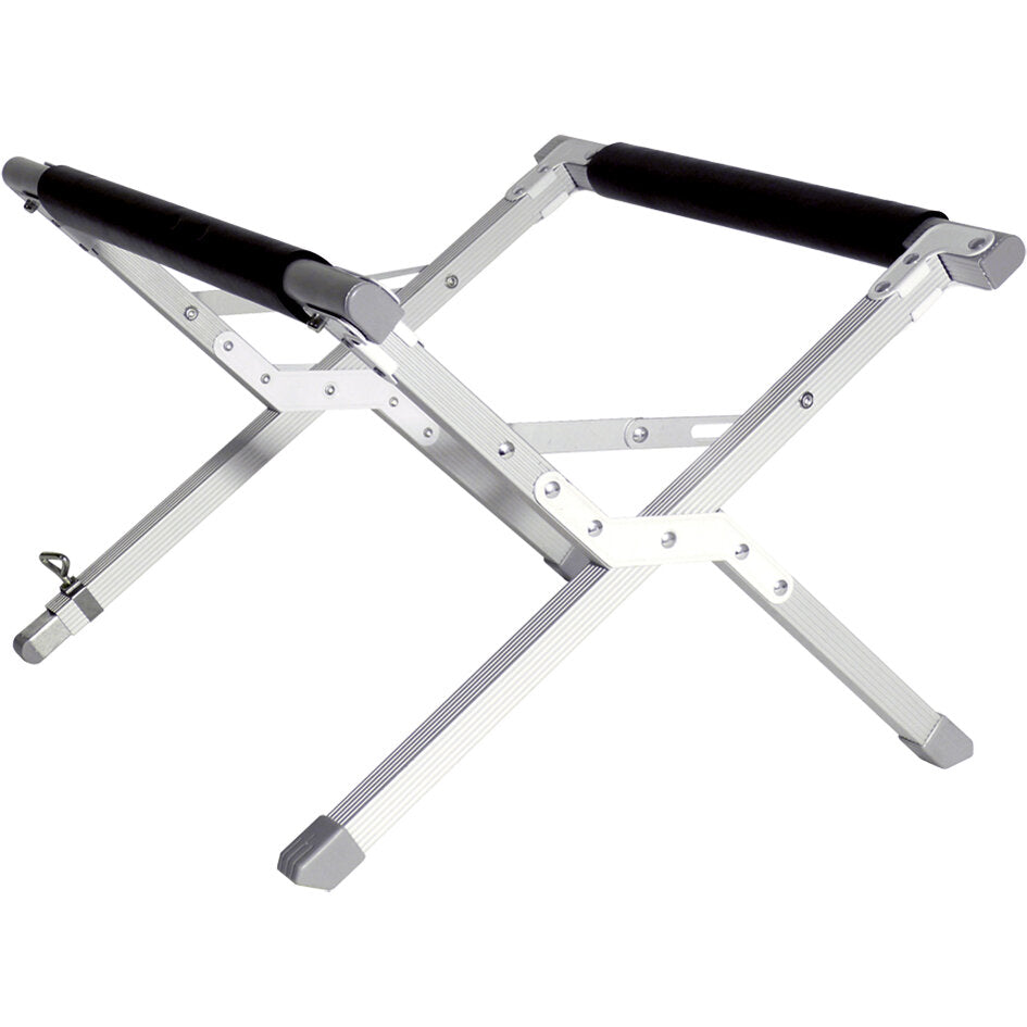Kühlbox-Ständer aus Aluminium mit klappbaren X-förmigen Beinen und gepolsterten schwarzen Stangen zum Abstellen einer Kühlbox