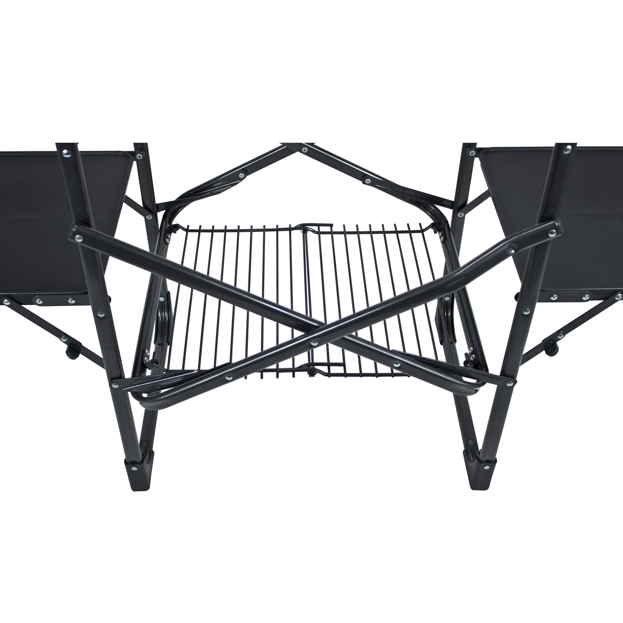 Schwarzes klappbares Slim-Fold Cook Station Campingkochsystem mit Seitenpaneelen, stabilen Gestellstreben und Drahtgitterrost in der Mitte