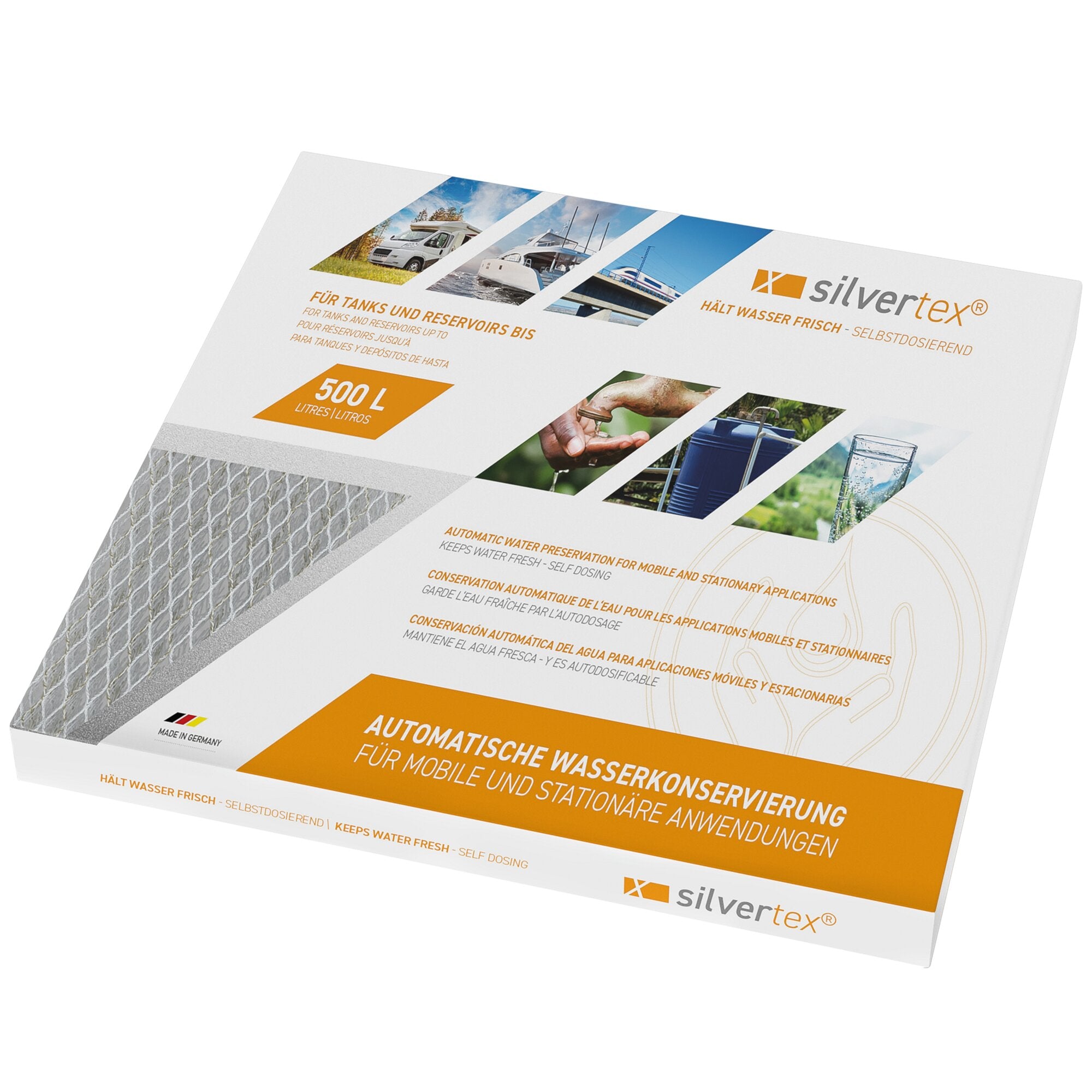 Detailansicht einer Verpackungsseite für Silvertex Wasserkonservierung 500 l, mit Bootsbildern und Wasseraufnahmen, Made in Germany