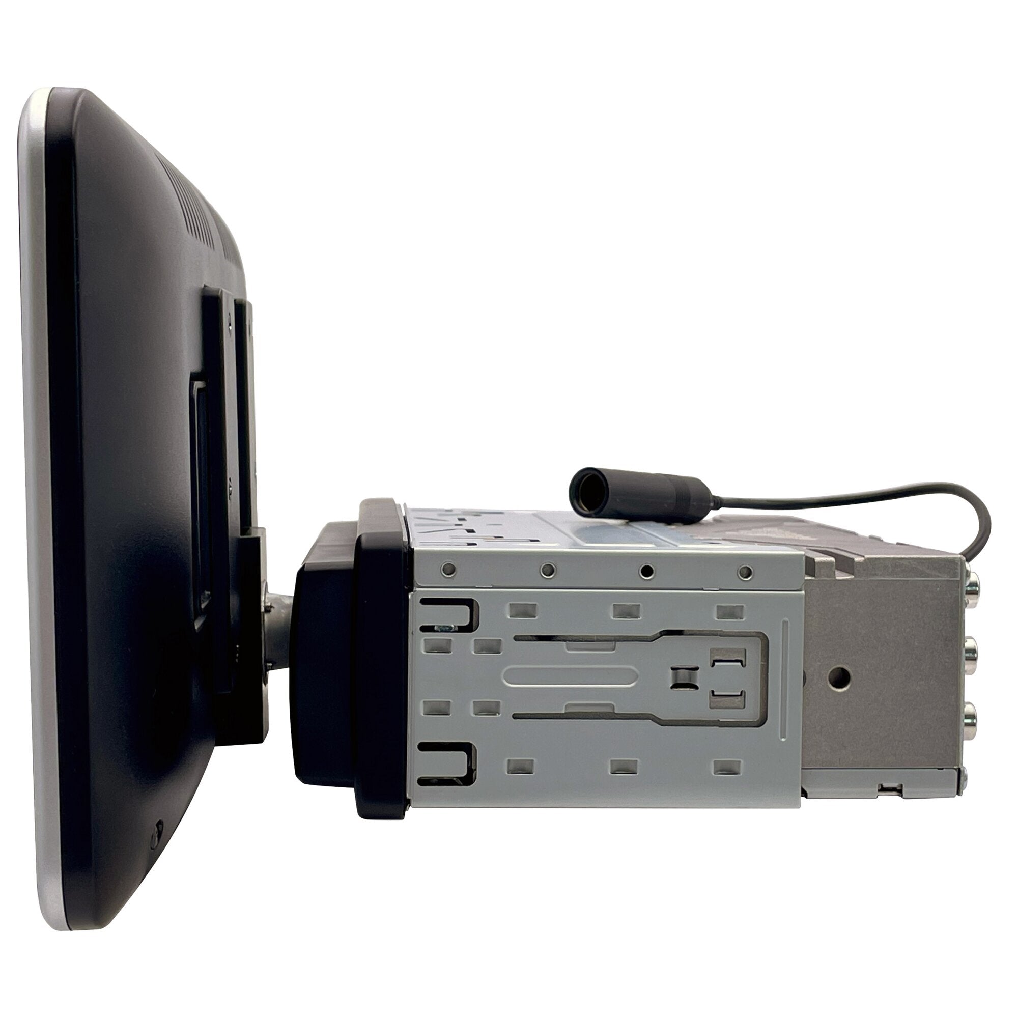 Seitliche Nahaufnahme eines Blaupunkt Hamburg 948 DAB Navigationssystems mit zwei sichtbaren Metallgehäusen, Lüftungsschlitzen und Mikrofonkabel