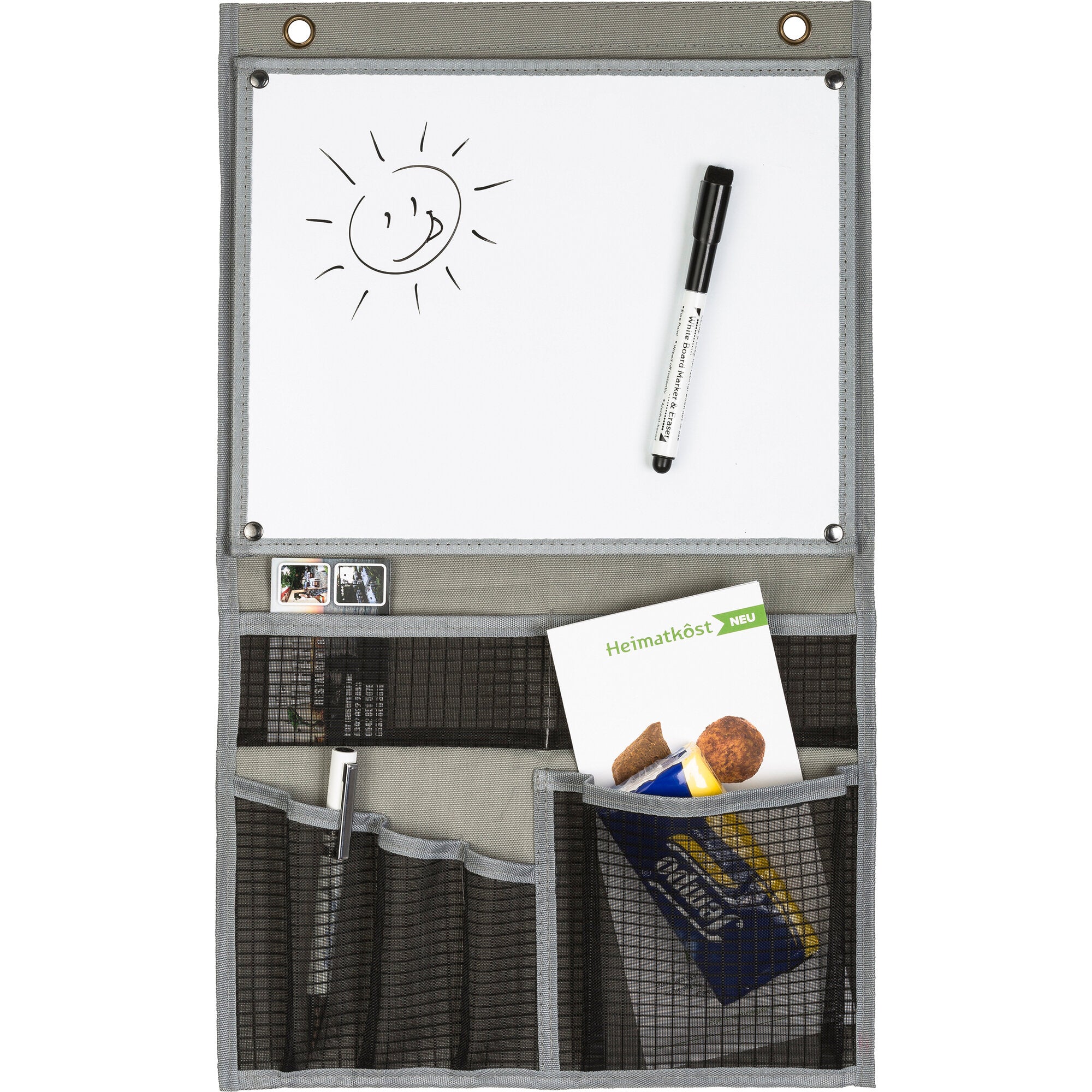 Graue Utensilientasche geöffnet, 30 cm breit, mit Whiteboard-Oberfläche und Marker; mehrere Fächer und Netzfach unten, darauf eine einfache Sonnenskizze