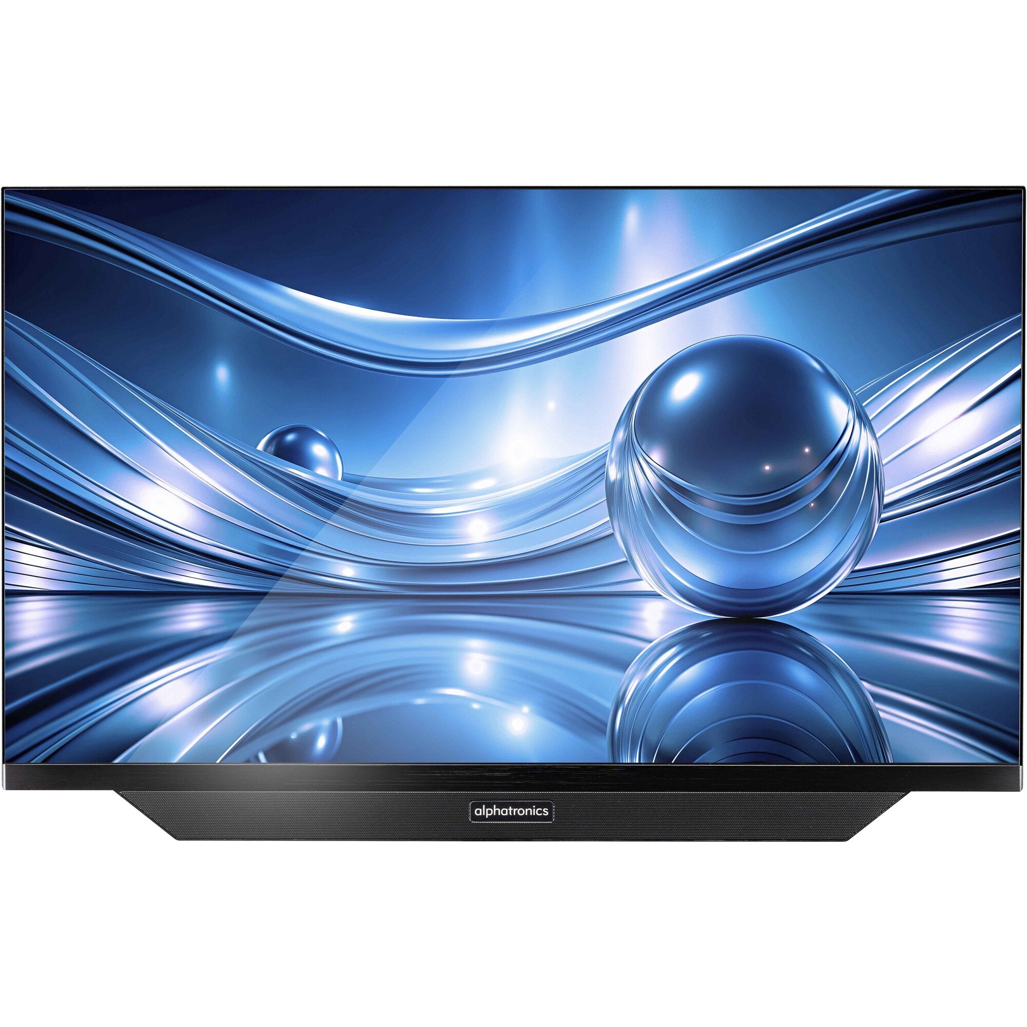 22 Zoll Fernseher mit ultradünnem Rahmen, zeigt ein blaues abstraktes Wellenmuster; unterer schwarzer Gehäusebereich mit alphatronics-Logo