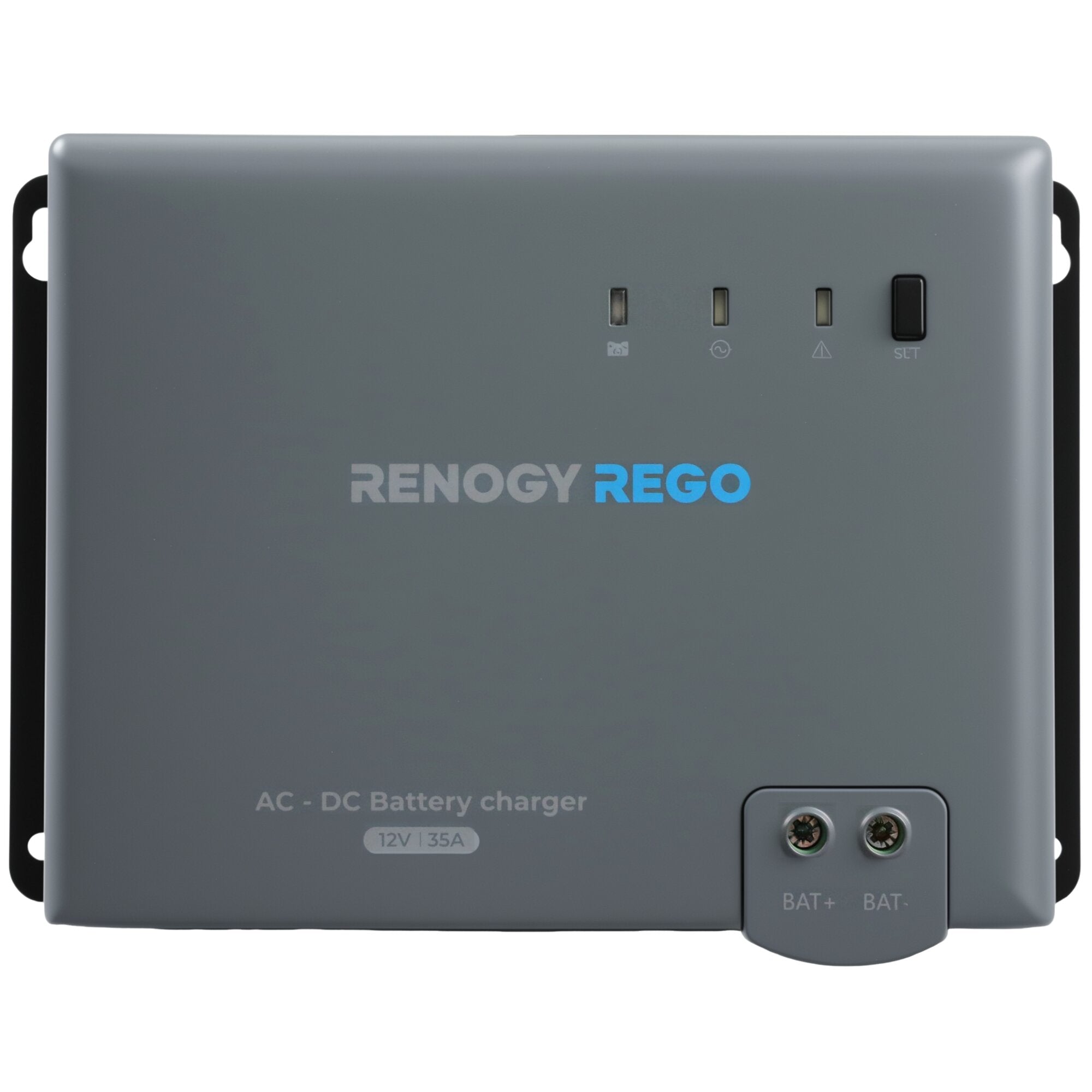 grau-silbernes AC-DC Ladegerät mit seitlichen Tragegriffen, drei LED-Anzeigefenster, SET-Taste rechts, BAT+ BAT- Anschlüsse unten rechts, RENOGY REGO Logo