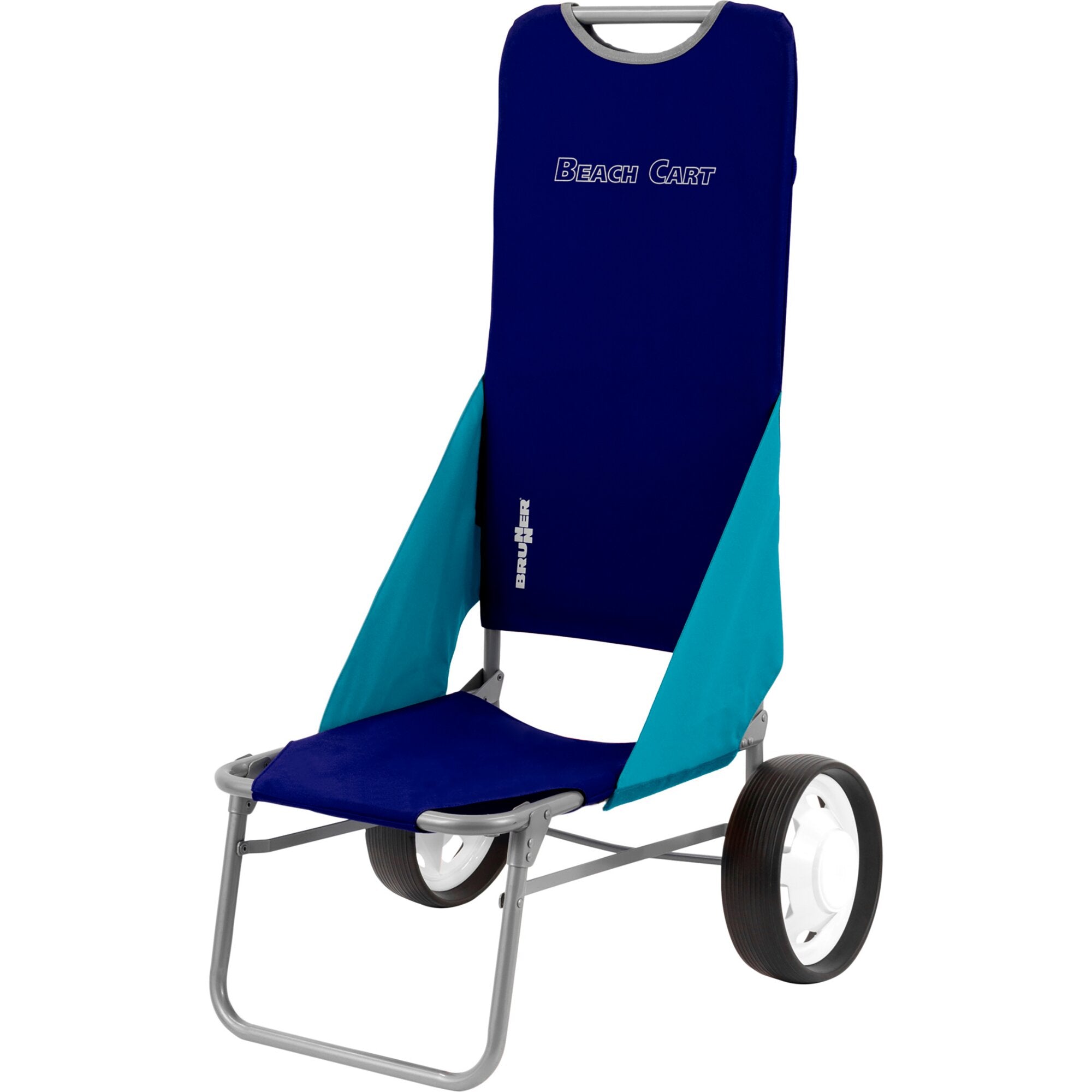 Transportwagen Beach Cart mit blauem Bezug, türkisfarbenen Seitenbahnen, silbernem Metallrahmen und großen Hinterrädern, Beach Cart Schrift sichtbar