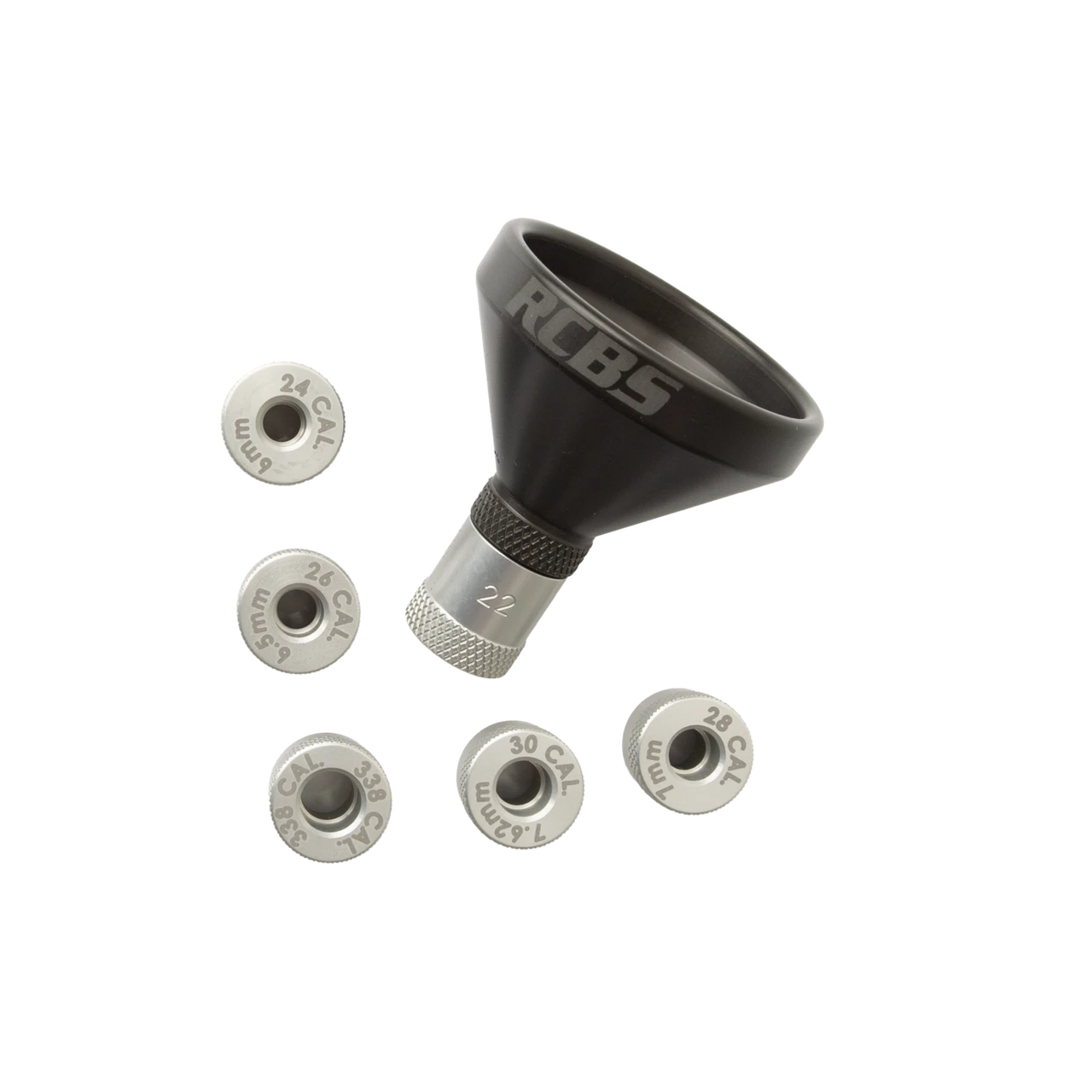 RCBS MatchMaster 98820 Aluminium-Pulvertrichter-Set – schwarzer Trichter mit sechs Kaliberadaptern .22 bis .338