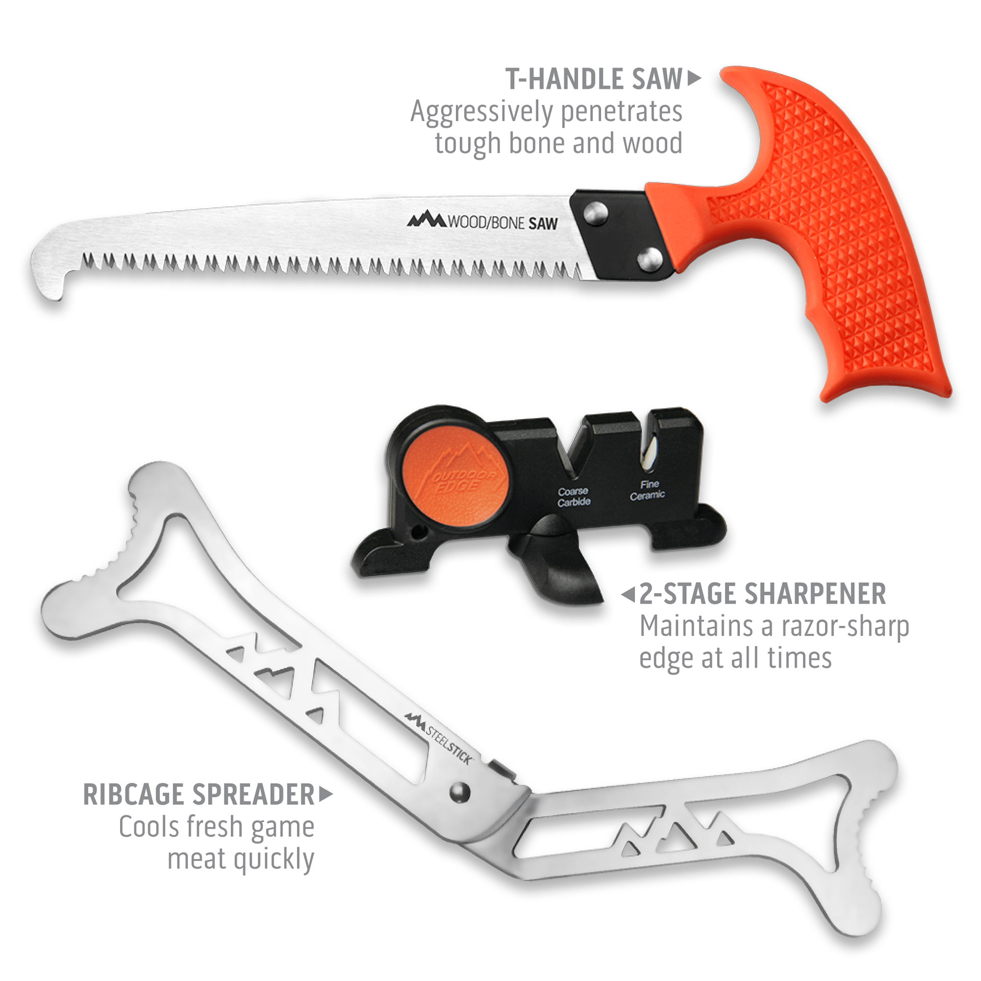 Outdoor Edge Jaeger Pak · T-Griff-Säge, Schärfer und Brustkorbspreizer