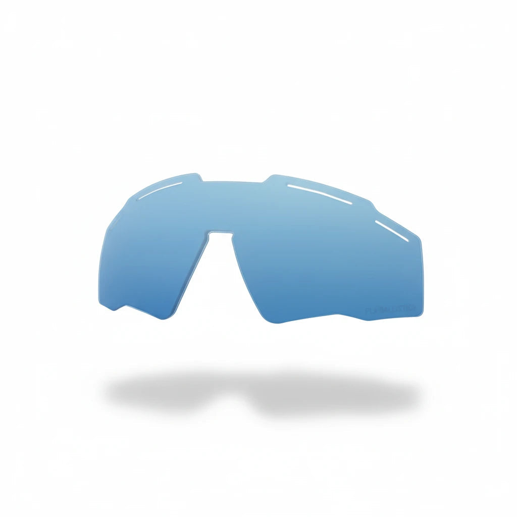 Blau getönte, gebogene Ersatzlinse für Schutzbrille mit teilbarem Design und robustem Material.