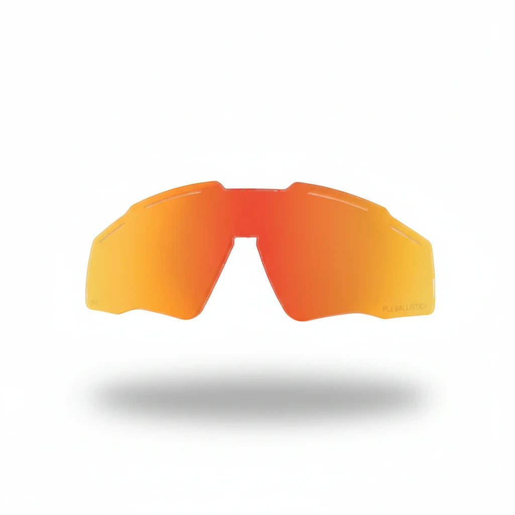 Orange bis rot verlaufende, halbtransparente Ersatzscheibe mit kantigem, gebogenem Design für GATORZ Blastshield B2.