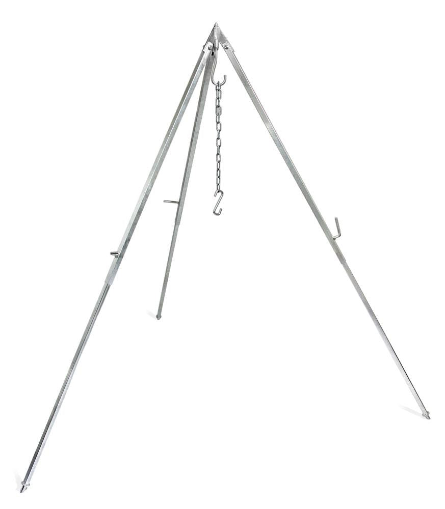 Silbernes Petromax Dreibein aus Metall mit Kettenhaken und höhenverstellbaren Beinen für Outdoor-Kochen.