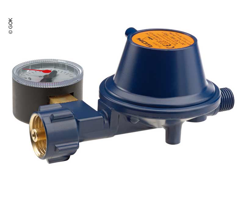 GOK EN61 Gasdruckregler – 50 mbar, 0,8 kg/h, 90°, mit Manometer