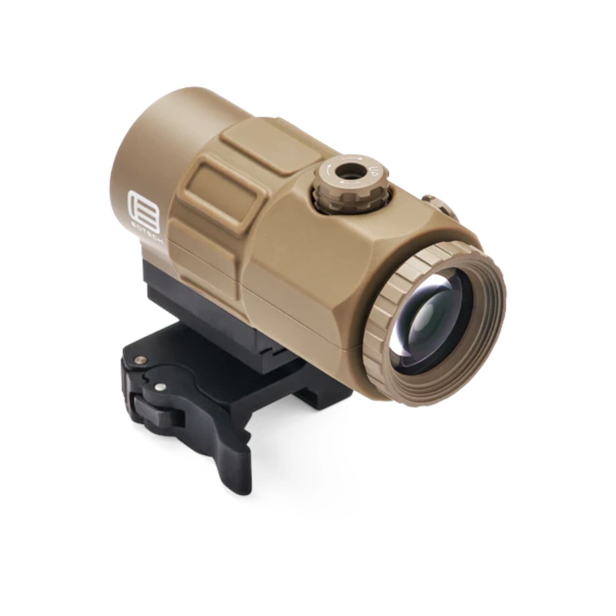 Tarnfarbener EOTECH G45.STS Magnifier mit mattem Gehäuse, klappbarem Picatinny-Montagefuß und sichtbarer Linse vorn.