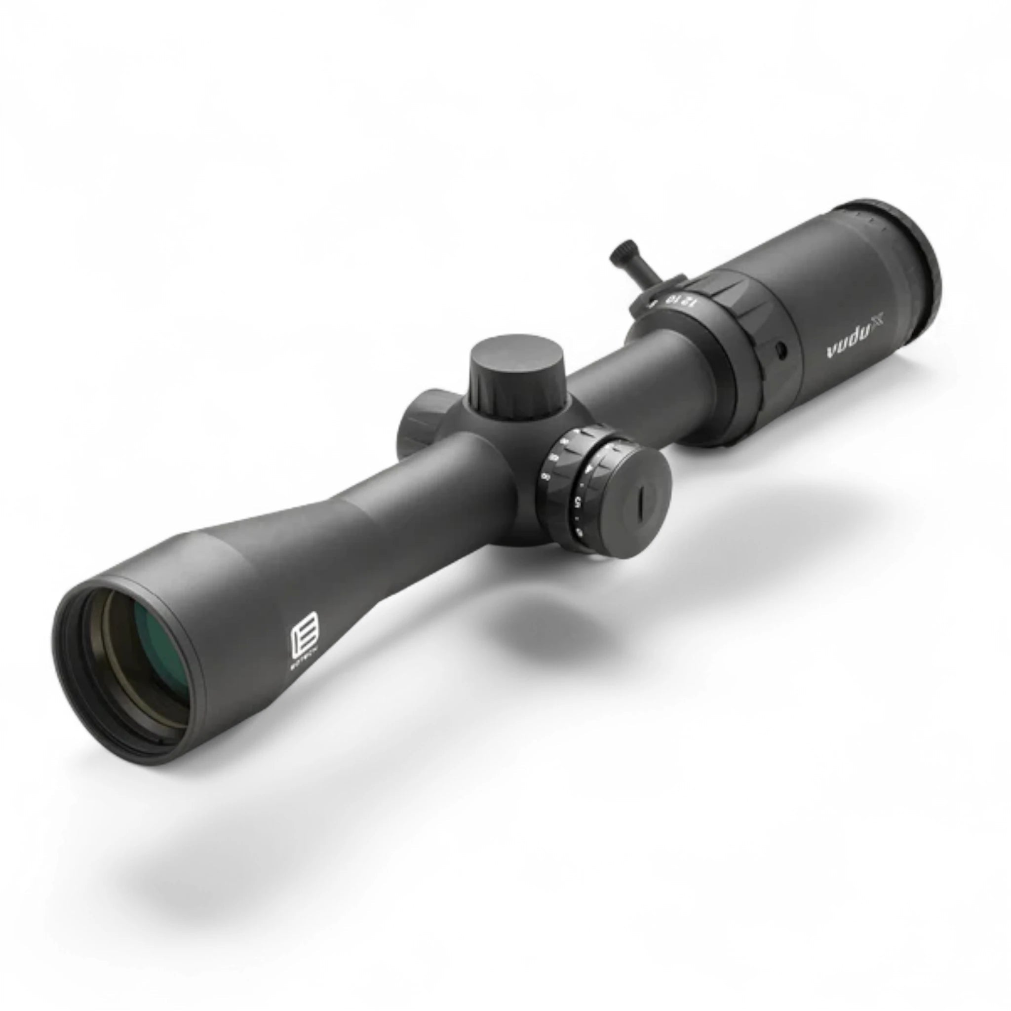 Schwarzes EOTECH VuduX 2-12x40 SFP Zielfernrohr mit beleuchteten Einstelltürmen und Mattscheibe, schlankes Design, seitliche .
