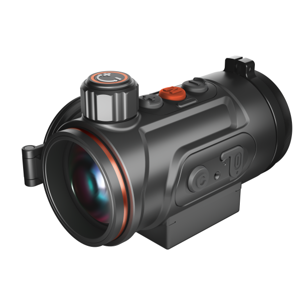 Schwarzes Thermtec Hunt 635 Pro Wärmebild-Vorsatzgerät mit 35 mm Linse, IP67 Magnesiumgehäuse und orangenen Akzenten.
