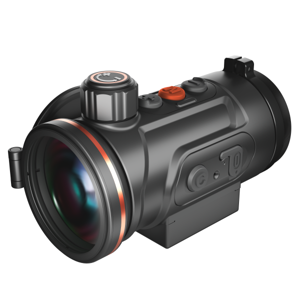 Schwarzes Wärmebild-Vorsatzgerät mit 50 mm Linse, Magnesiumgehäuse, OLED-Display und roten Bedientasten.