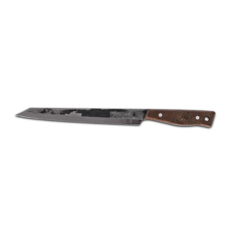 Tranchiermesser mit 24 cm langer, schwarzer Klinge und braunem Holzgriff mit drei Metallnieten.