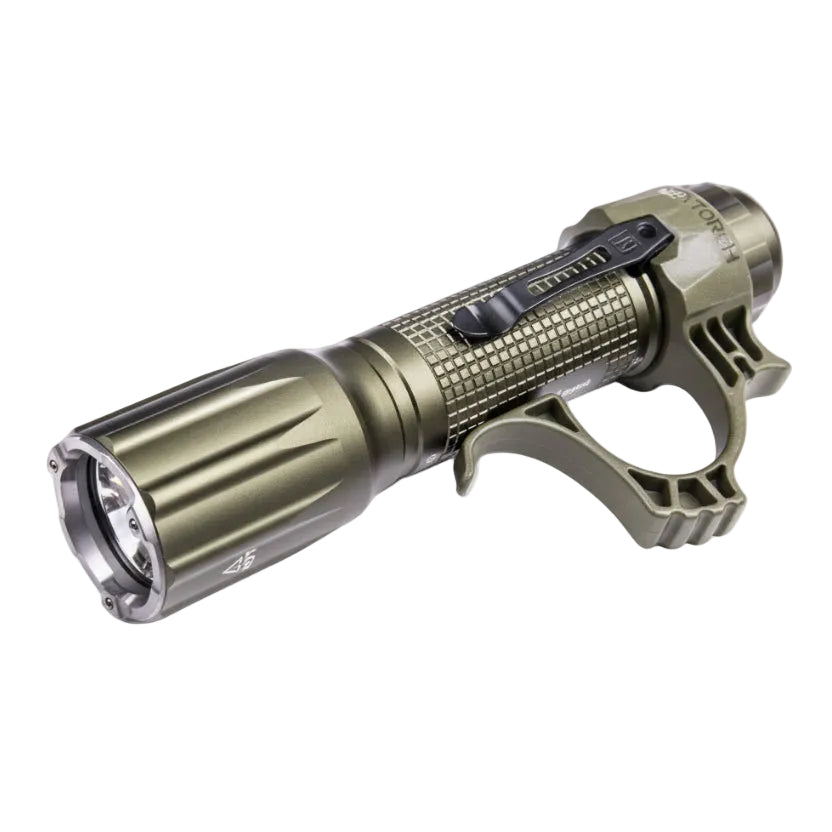 Taktische grüne Nextorch TA30CG LED-Taschenlampe mit ergonomischem Griff, Schalter am oberen Gehäuse und robustem.