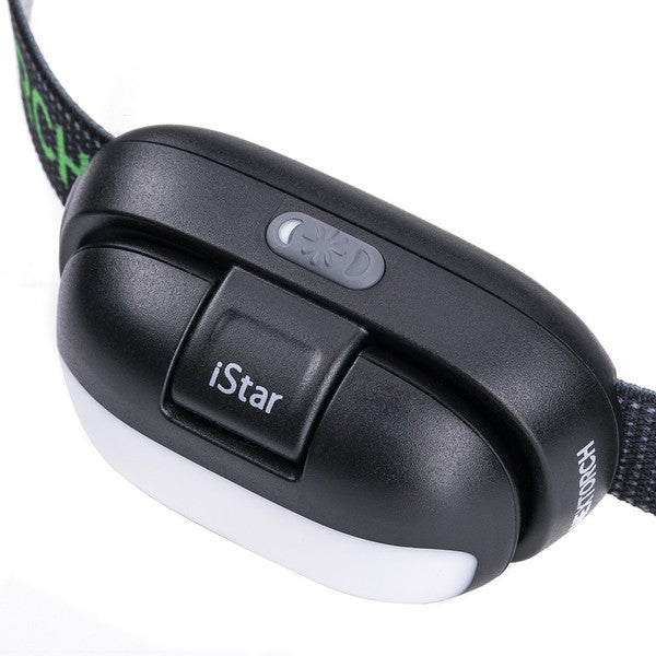 Schwarze NEXTORCH iStar Stirnlampe mit USB-C Ladeanschluss, kleinem Ein-/Ausschalter oben, großem Fokus- und.