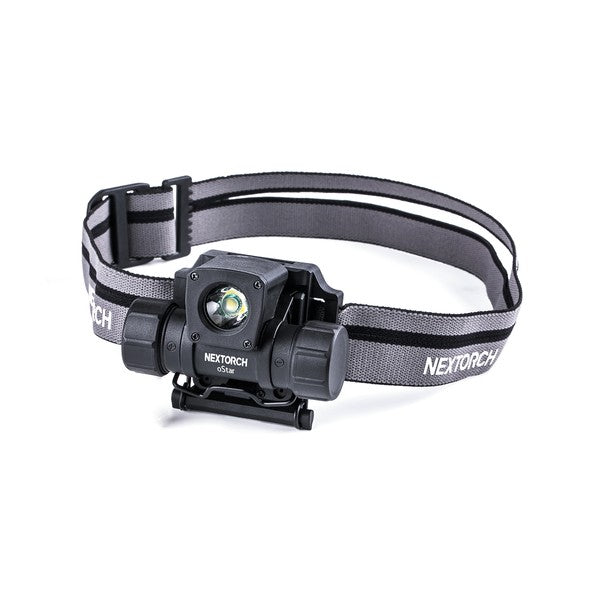 Schwarze NEXTORCH oStar LED-Helmlampe mit NVG-Halterung, graues verstellbares Kopfband mit reflektierendem Schriftzug.