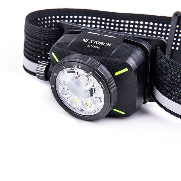 Schwarze NEXTORCH eStar LED-Stirnlampe mit vier LEDs, transparentem Fresnel-Objektiv und verstellbarem elastischem Kopfband.