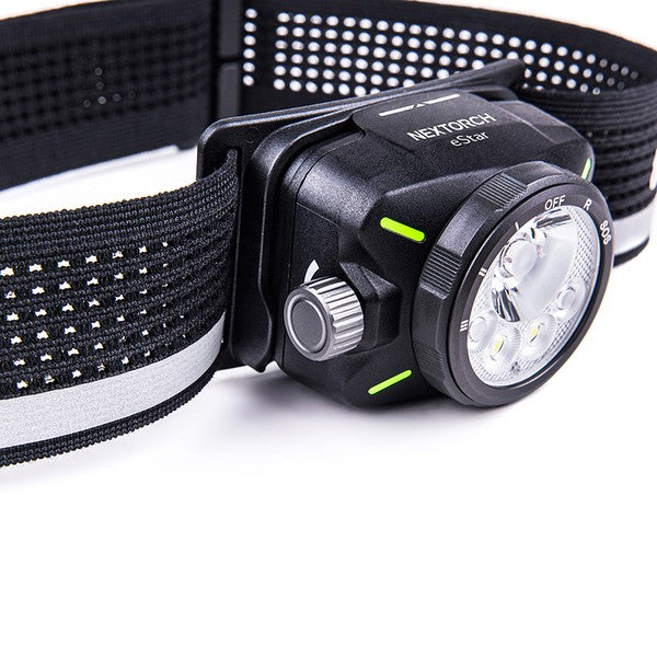 Schwarze NEXTORCH eStar LED-Stirnlampe mit rundem Leuchtkopf, integriertem Fokus-Drehregler und elastischem, verstellbarem.