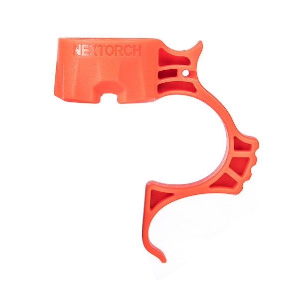 Leuchtend orangefarbener Kunststoff-Führungsring mit runden Öffnungen und eingraviertem NEXTORCH-Logo, ergonomisch geformt.