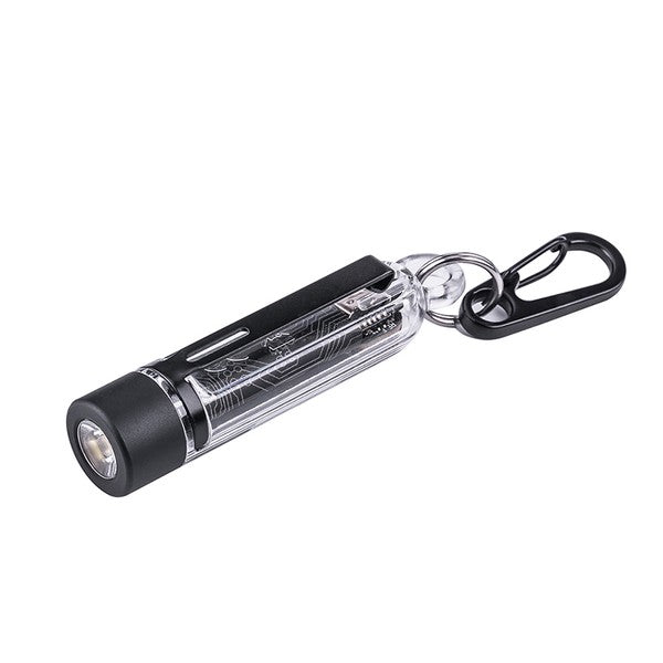 Kompakte Nextorch K40 Schlüsselanhänger Taschenlampe aus transparentem Kunststoff mit schwarzem Kopf und Karabinerhaken.