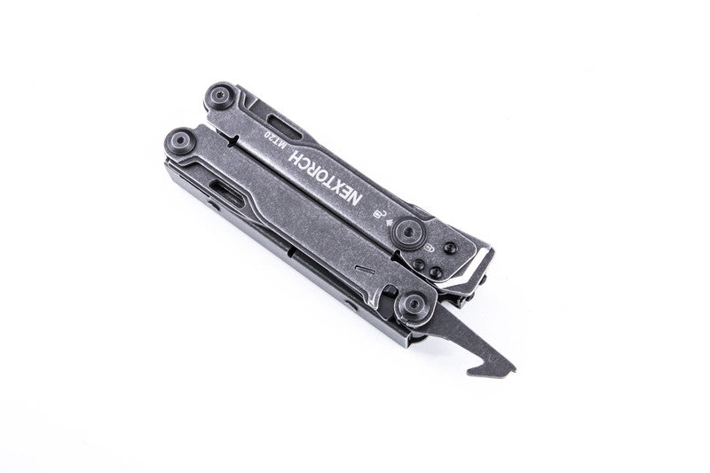Kompaktes schwarzes NEXTORCH PIONEER MT20 Multitool mit geschlossenem Griff, sichtbare Rettungsschere und.