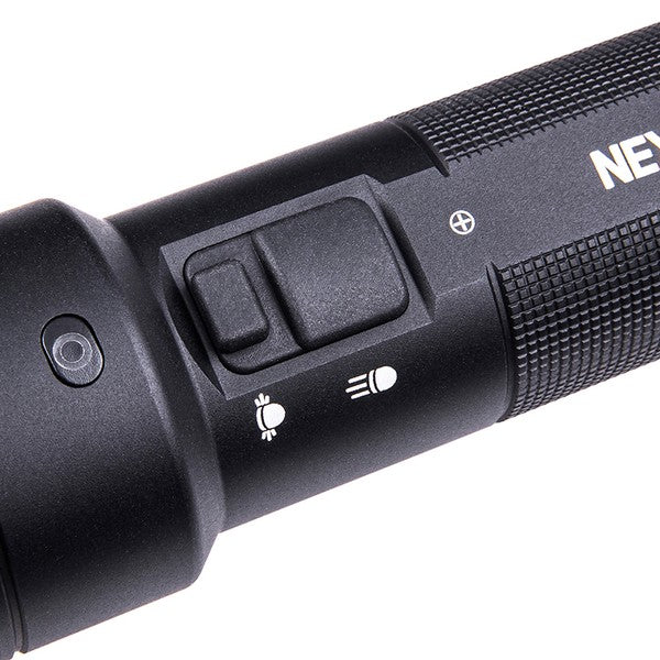 Schwarzer Nextorch C61 Arbeitslampe-Griff mit strukturiertem Muster, zwei Schaltern und weißen Leucht- und.