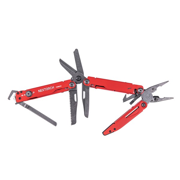 Rotes NEXTORCH PIONEER MT20RE Multitool mit geöffneten Zangen, Sägeblatt, Messer und Rettungsschere, robustes Metallgehäuse.
