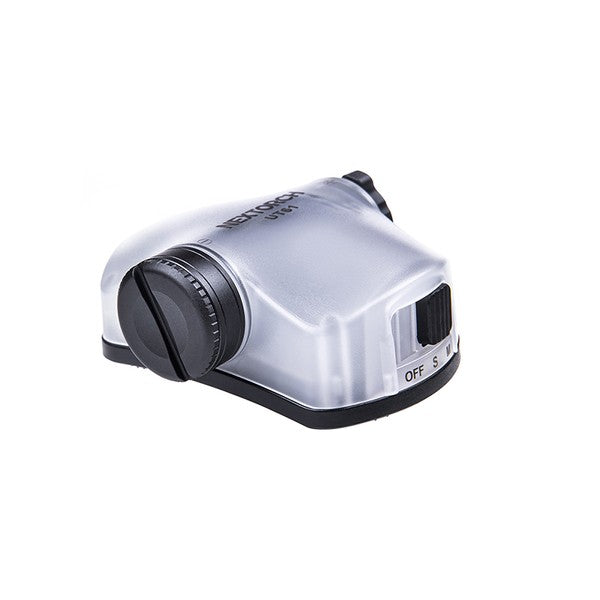Kompaktes, graues taktisches Helmlicht NEXTORCH UT61 mit schwarzem Drehknopf und digitalen Bedienelementen, seitliche Ansicht.