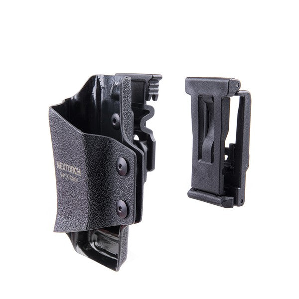 Schwarzes NEXTORCH V41 taktisches Holster aus robustem Kunststoff mit 360° drehbarer Halterung und Klickverschluss neben.