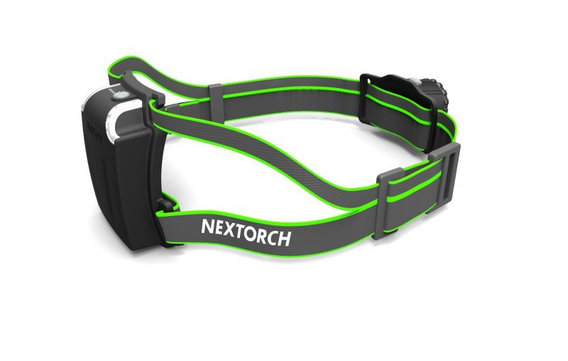 Schwarze LED-Stirnlampe mit grün akzentuiertem, verstellbarem Kopfband und weißem NEXTORCH-Logo auf der Seite.