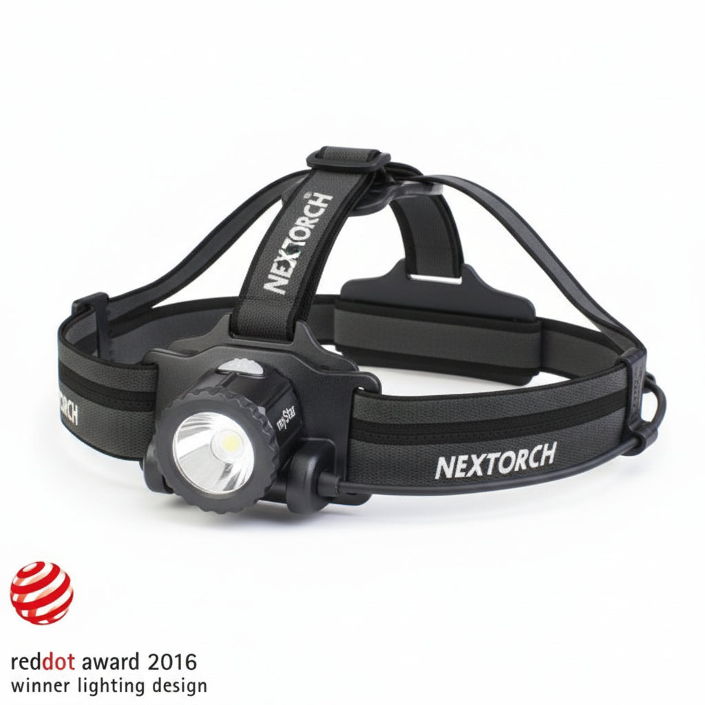 Schwarze NEXTORCH myStar LED-Stirnlampe mit rundem Frontlicht, fokussierbarer Fresnel-Linse, verstellbarem Kopfband und.