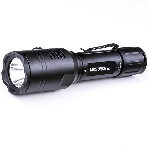 Schwarze NEXTORCH T53 taktische Jagdtaschenlampe mit Tri-Color LED, kompakt und robust, seitlich mit weißem NEXTORCH-Logo,.