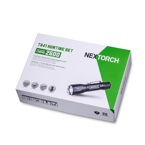 Verpackung der NEXTORCH TA41 SET taktischen Taschenlampe mit weiß-grünem Design, Taschenlampe abgebildet, Textdetails und.