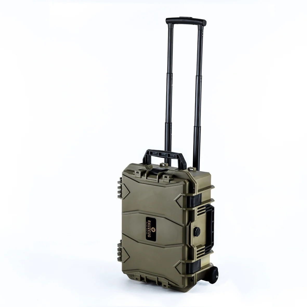 Olivgrüner, robuster Hartschalenkoffer mit Teleskopgriff und zwei Rollen, kompakte transportable Ausrüstungstasche.