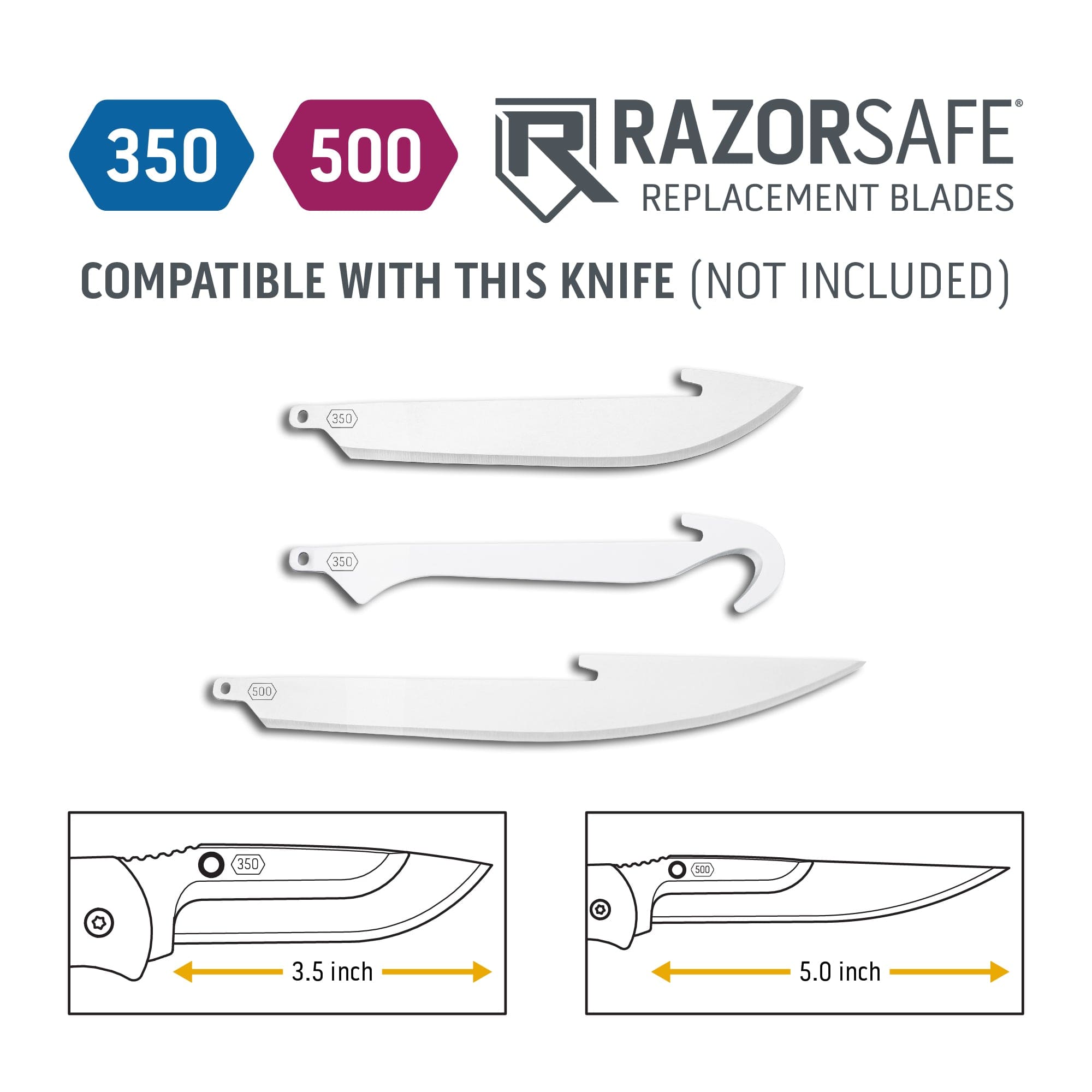 Outdoor Edge Razor Max · RazorSafe-Kompatibilität der Klingencodes 350 und 500