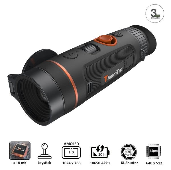Schwarze Thermtec WILD 635 Wärmebildkamera mit 35mm Linse, orangefarbenem Akzent und seitlichem Joystick, kompaktes.