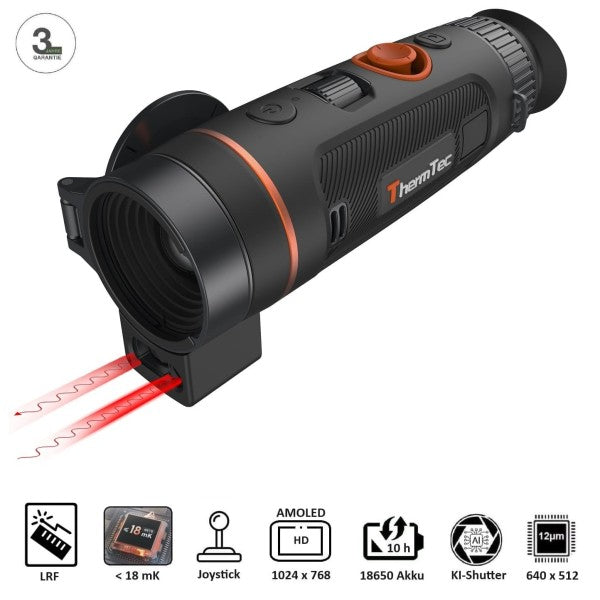 Schwarze Thermtec WILD 635L Wärmebildkamera mit 35 mm Linse, orangem Bedienknopf, AMOLED-Display und ergonomischem Griff,.