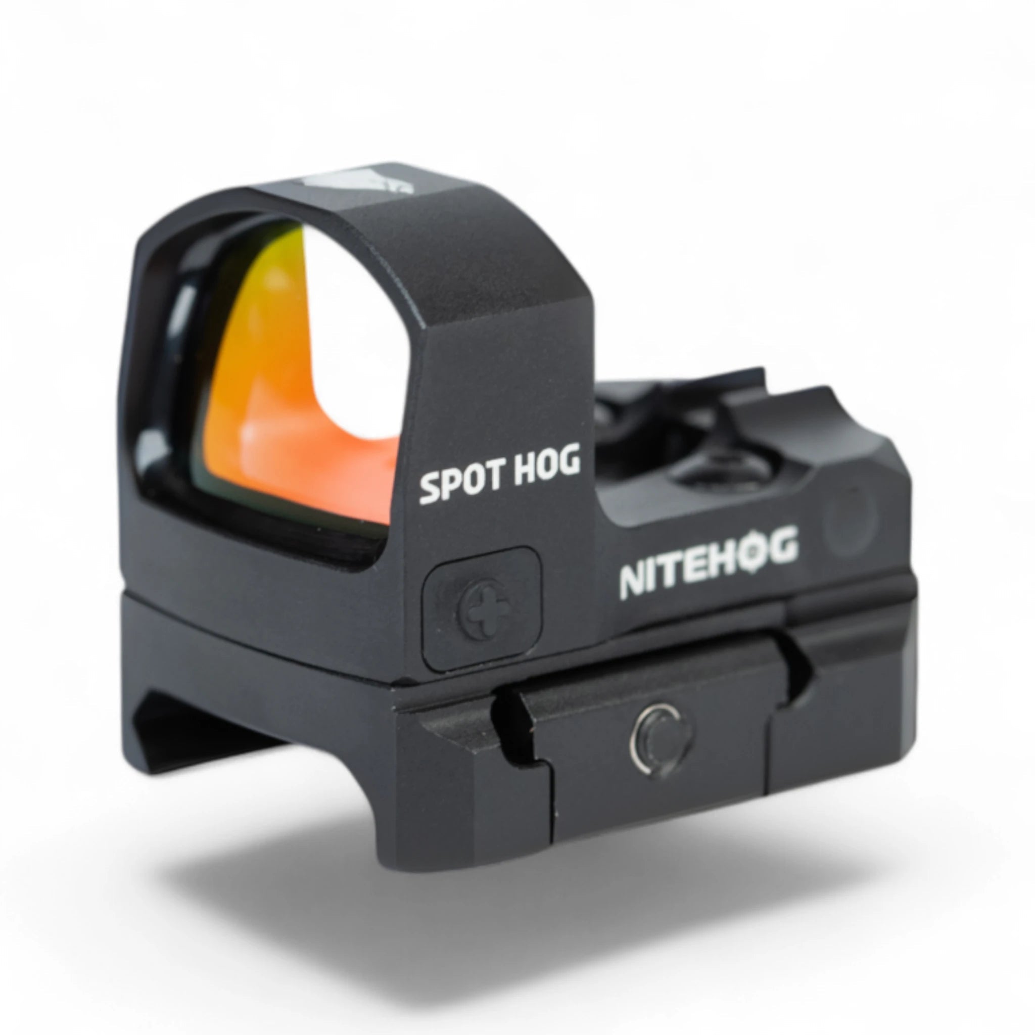 Kompaktes schwarzes Nitehog Spot Hog Red Dot-Visier mit rechteckigem Glas und spiegelnder orange-roter Beschichtung,.