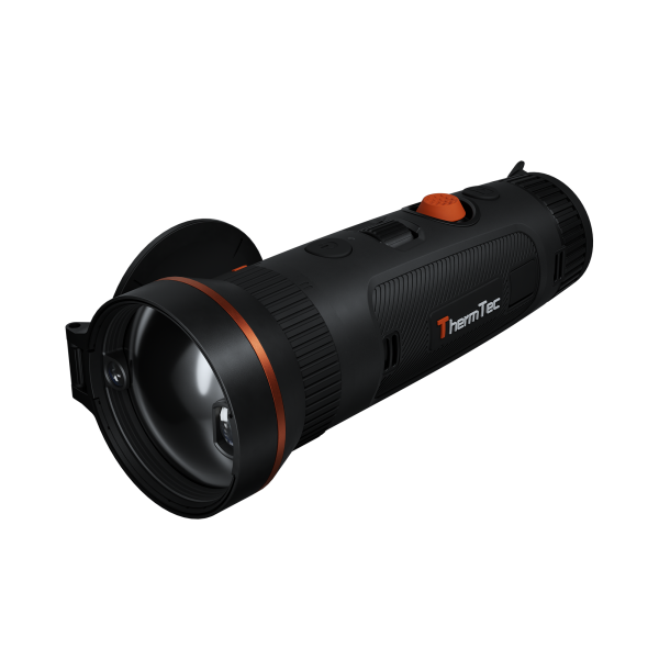 Schwarze ThermtecWILD650DL Pro Wärmebildkamera mit 35 mm Linse, orangem Akzent und gummiertem Griff.