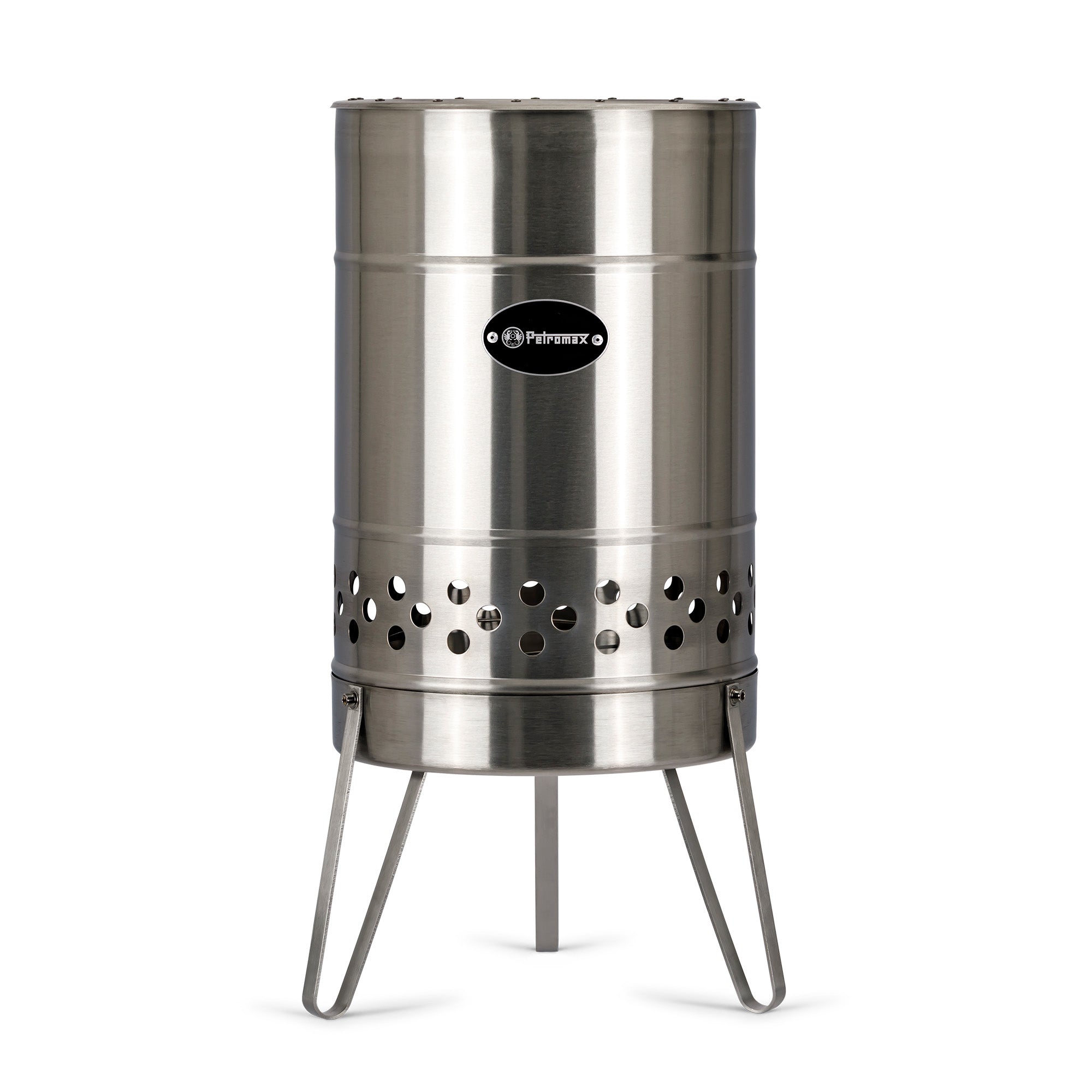 Edelstahl-Feuertonne Petromax Pyron mit Belüftungslöchern und stabilen Standbeinen, zylindrisches Design.