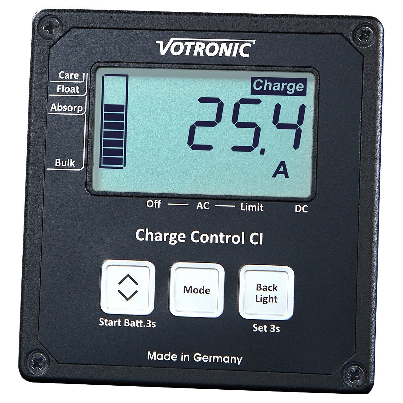 Schwarzes LCD-Bedienelement Charge Control CI von VOTRONIC mit Display 25,4 A, linke Balkenanzeige, Start Batt.3s