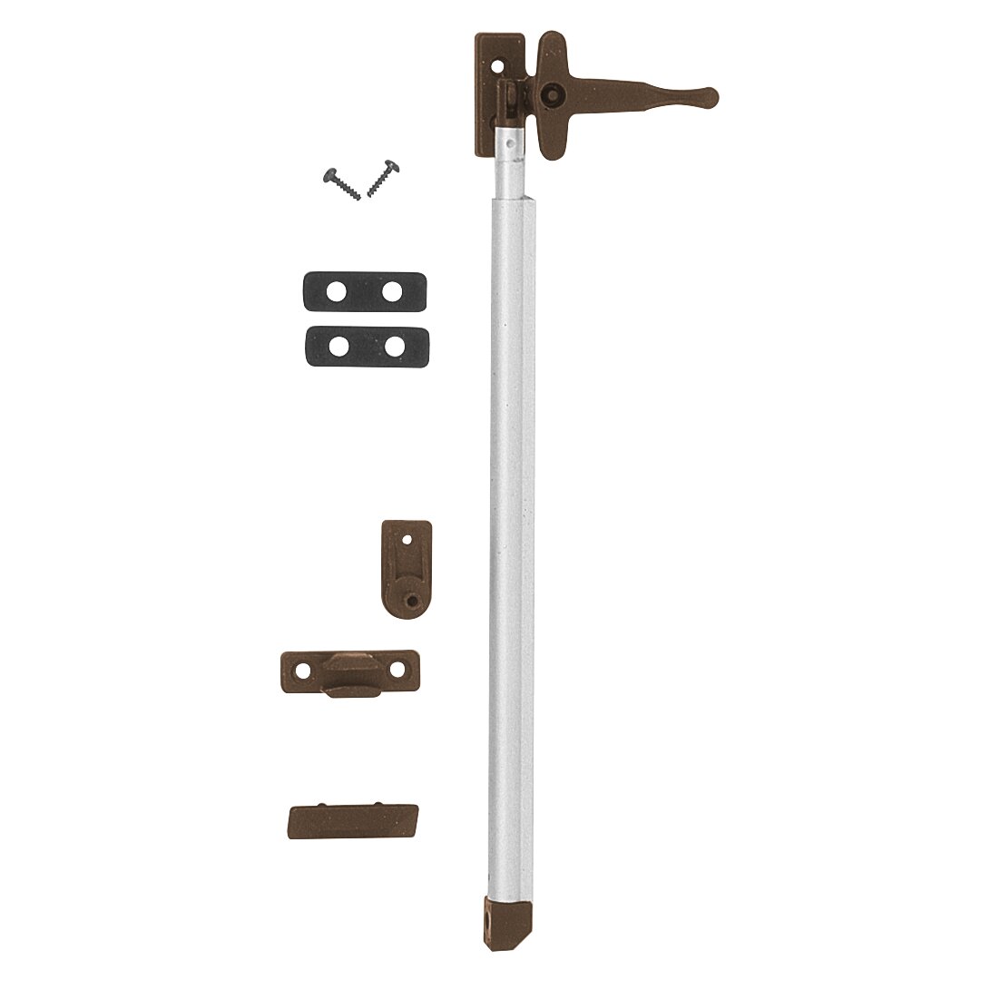 Automatik-Fensteraussteller mit Verschluss, lange silberne Stange, braune Befestigungsplatten, Schrauben und weitere braune Montagesätze im Bild