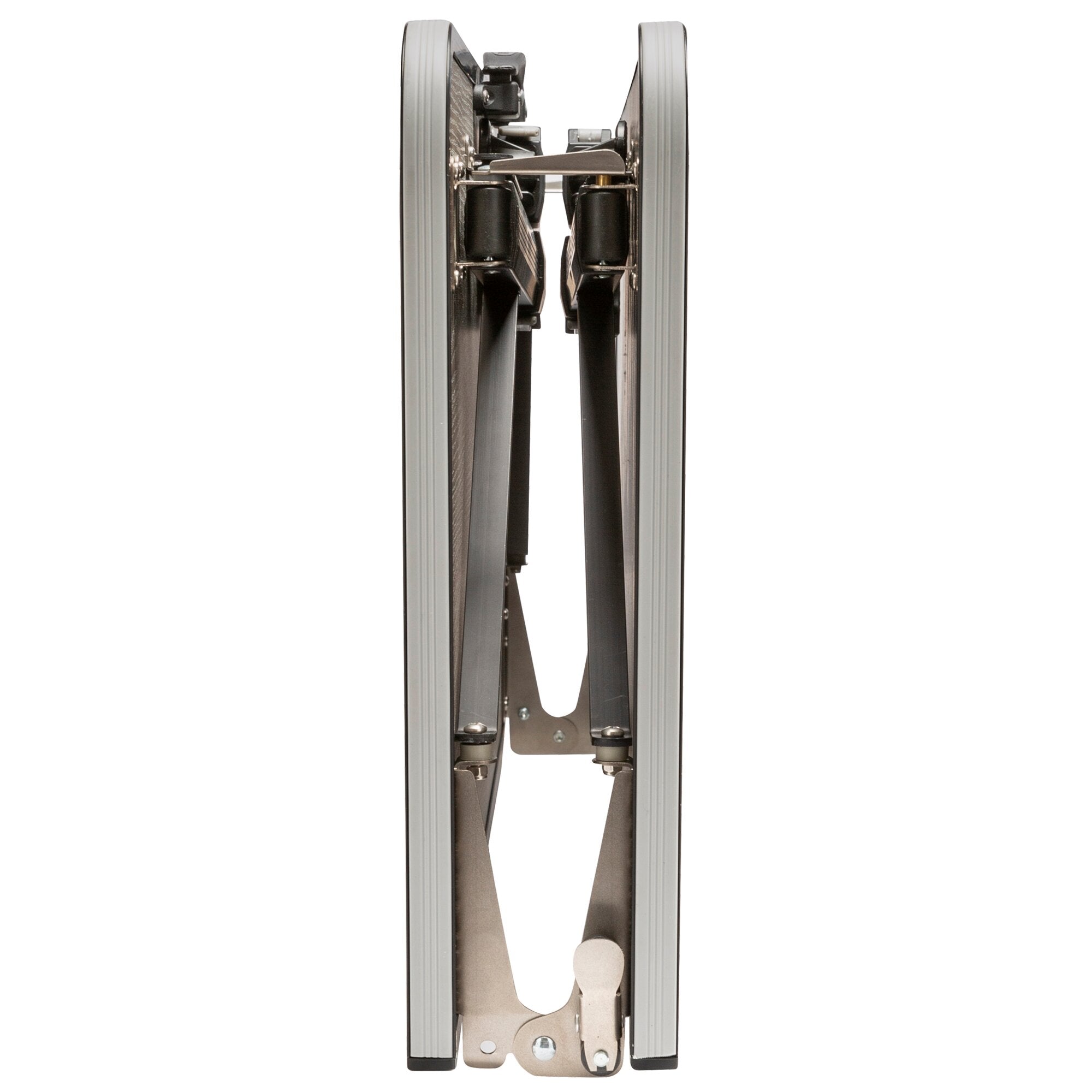Detailansicht des Gestells eines faltbaren Campingtisches ComPack Square 80 cm, Aluminiumprofile, Scharniere und Befestigungselemente